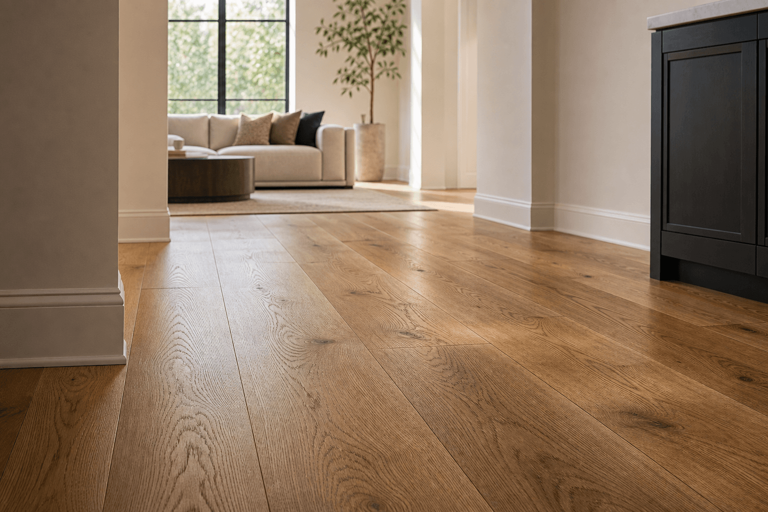 Warm oak-style flooring in a refined home interior