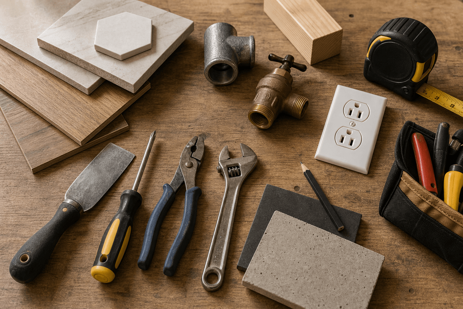 Residential renovation detail with concrete, plumbing, and electrical project cues