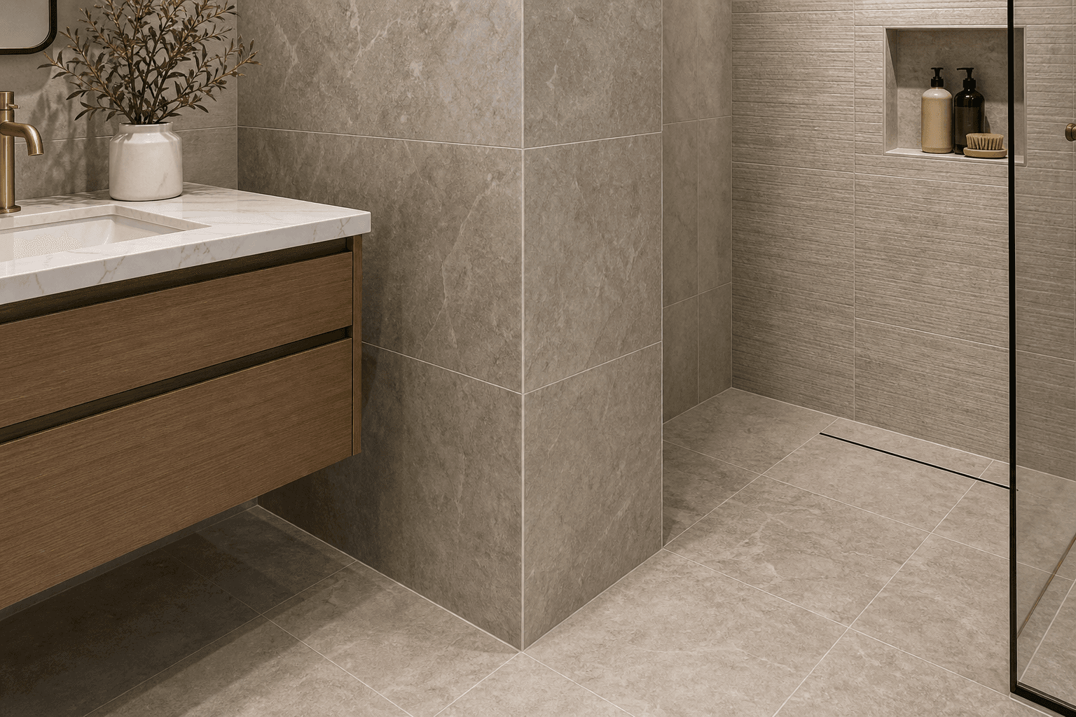 Stone-look tile and ceramic bathroom detail